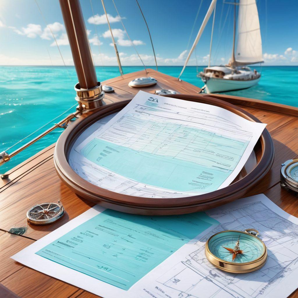 A luxurious yacht sailing through calm turquoise waters under a bright, sunny sky, with a close-up of an insurance policy document resting on a wooden table with a compass and nautical charts nearby. The scene conveys a sense of adventure mixed with security, featuring a subtle overlay of financial graphs and risk assessment symbols in the background. super-realistic. vibrant colors. 3D.