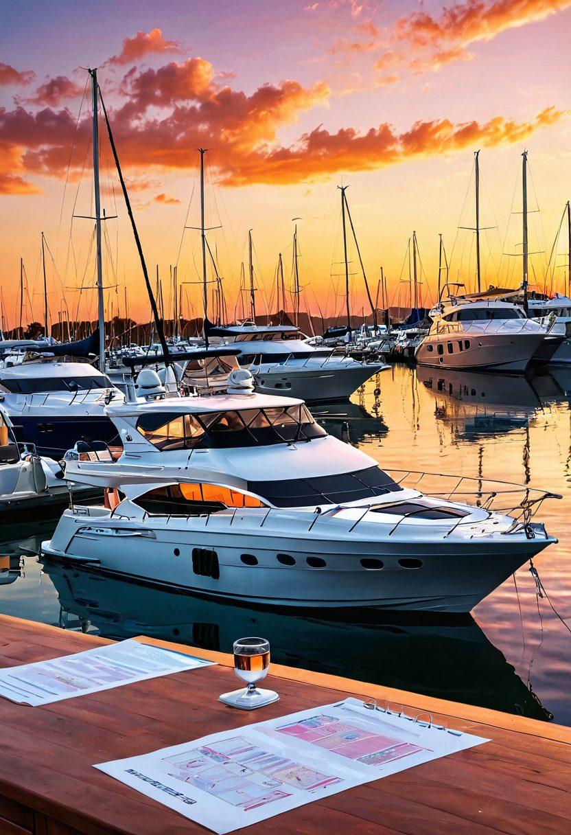 A serene marina scene at sunset, showcasing luxurious yachts bobbing gently in the water. Include a friendly insurance agent reviewing documents with a happy yacht owner, surrounded by nautical elements like compasses and charts. The sky should reflect warm hues of orange and pink, enhancing the sense of calm and security. super-realistic. vibrant colors. 3D.