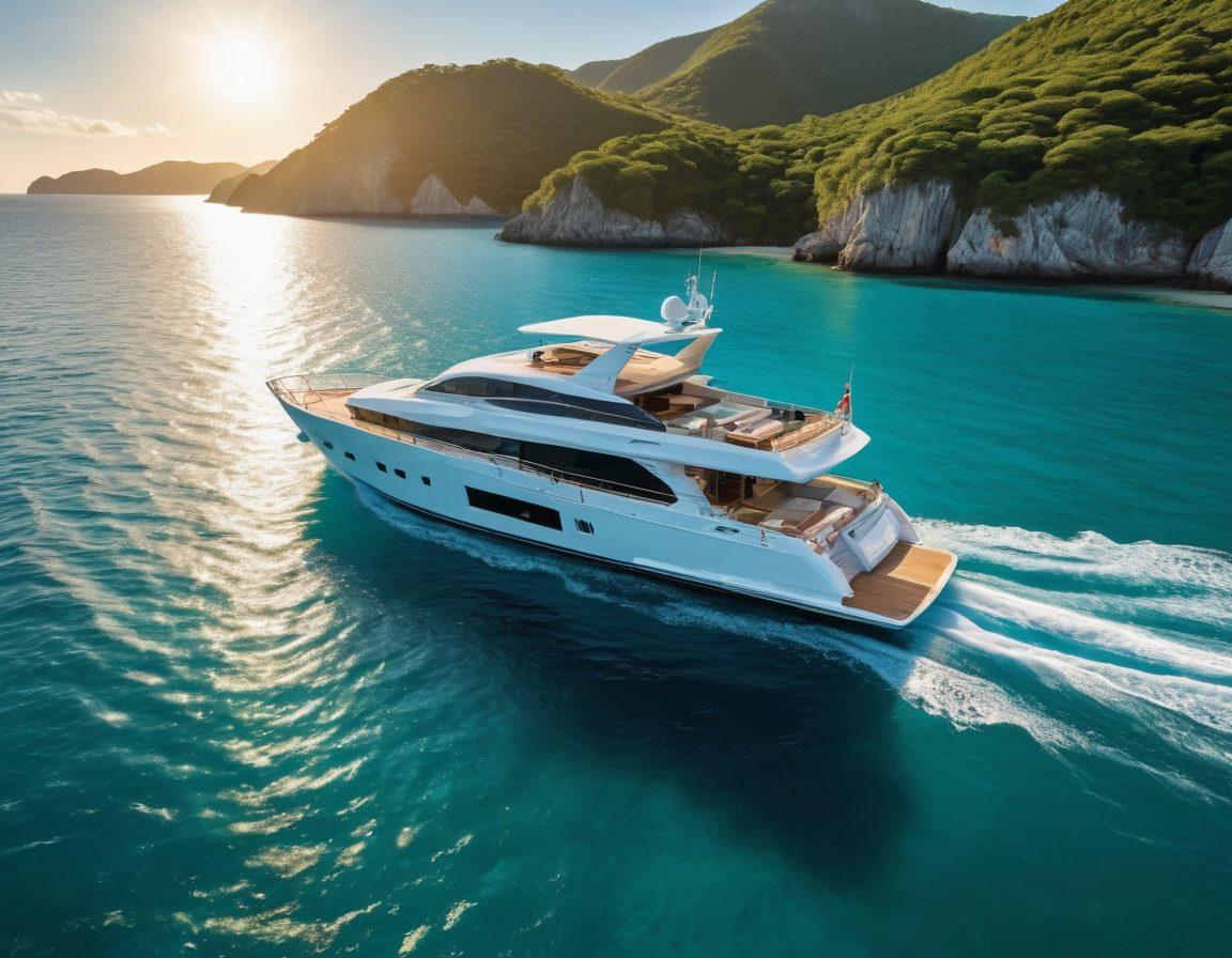 A serene yacht gliding through crystal-clear blue waters, surrounded by lush green islands under a bright sunny sky. The yacht is equipped with safety gear and insurance documents visible on deck, emphasizing protection. In the background, a setting sun casts a golden hue over the scene, symbolizing investment and tranquility. The overall atmosphere evokes luxury and security. super-realistic. vibrant colors. 3D.